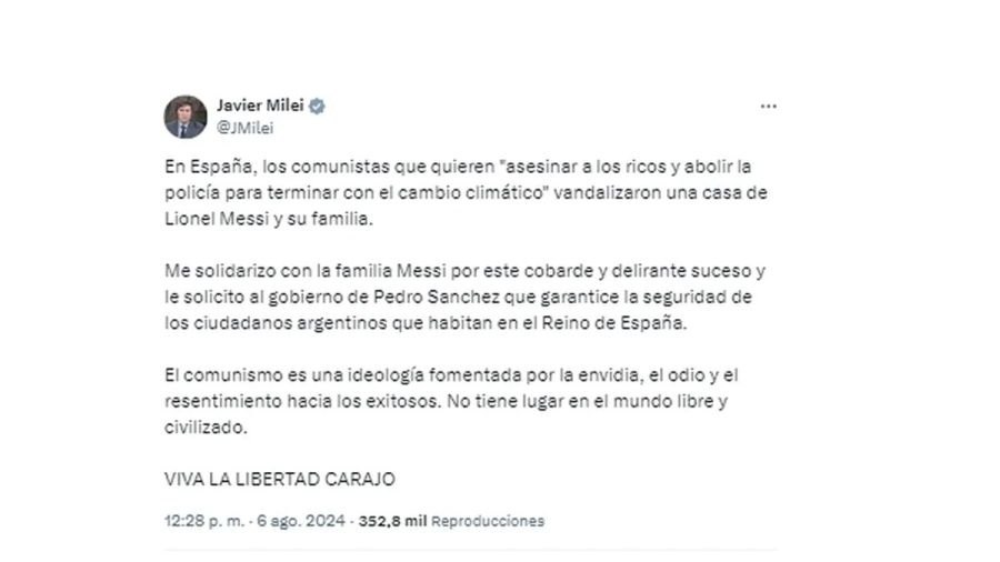 Lionel Messi en Ibiza, Javier Milei se solidarizó en las redes sociales