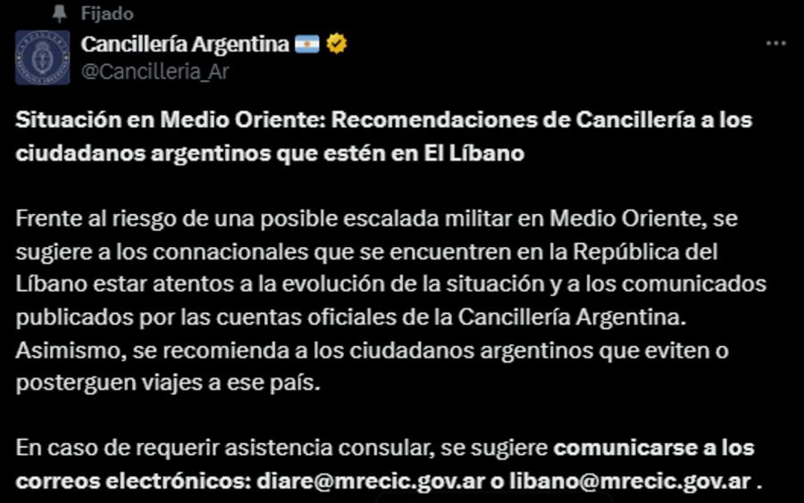 Mensaje de Cancilléria por conflicto en Medio Oriente 20240806