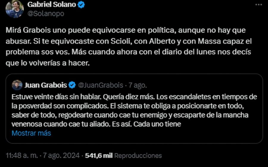 Gabriel Solano tuiteó contra Juan Grabois 20240808