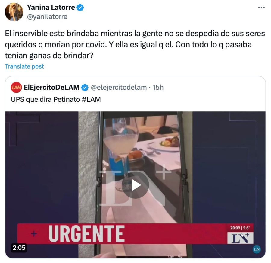 Reacción de Yanina Latorre