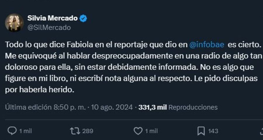 Silvia Mercado le pidió disculpas a Fabiola Yañez