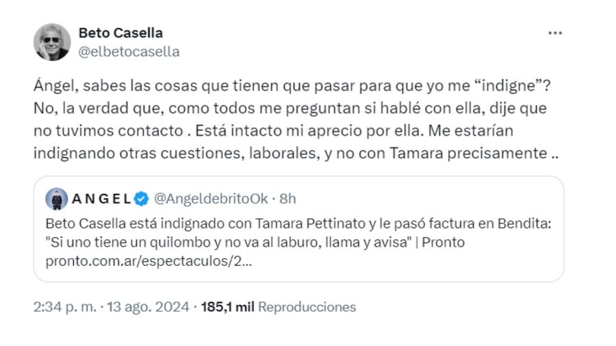 Beto Casella sobre su relación con Tamara Pettinato