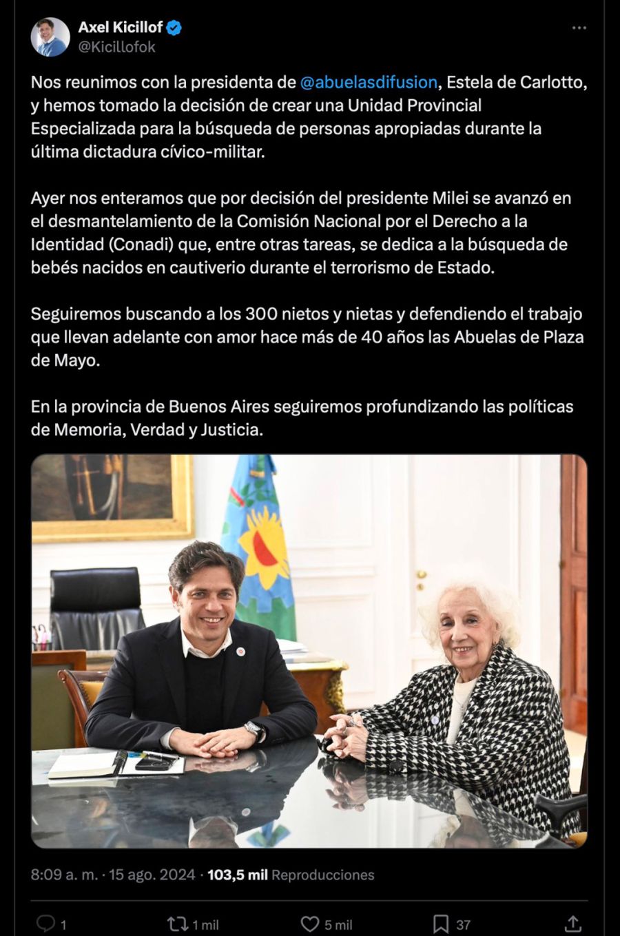 Axel Kicillof anuncio junto a Estela de Carlotto