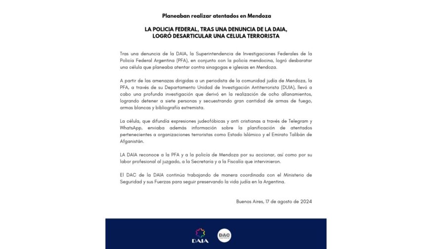 20240817 Comunicado de la DAIA sobre la célula terrorista que planeaba atentar contra sinagogas e iglesias en Mendoza