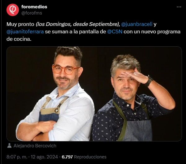 Juan Braceli y Juan Ferrera tendrían un programa de cocina según Foro Fms