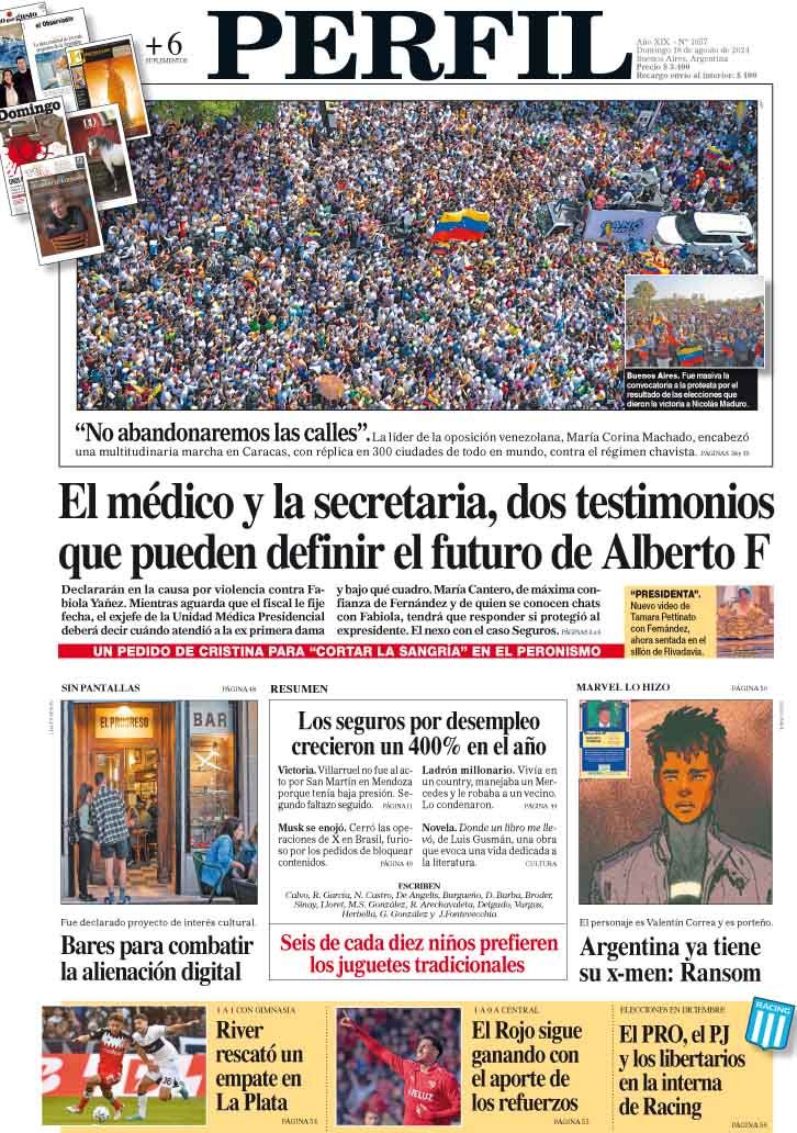 La tapa del Diario PERFIL del domingo 18 de agosto de 2024