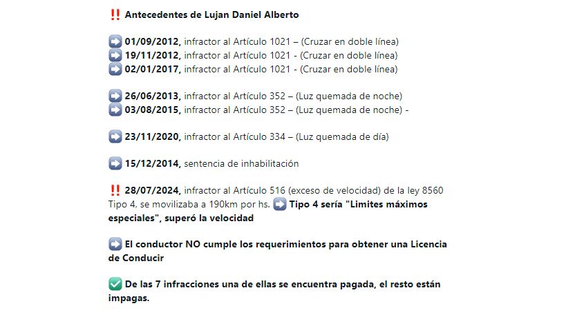 Antecedentes de Lujan como conductor según la Policía de Córdoba