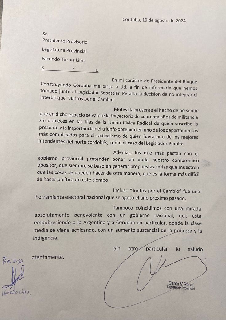 Carta de Renuncia de Dante Rossi al interbloque