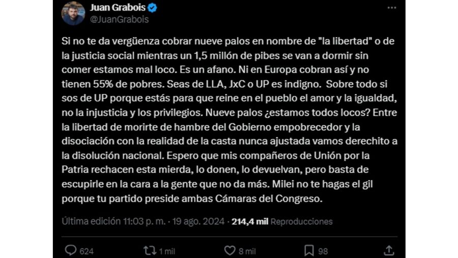 El tuit de Juan Grabois por el aumento de senadores 20240820