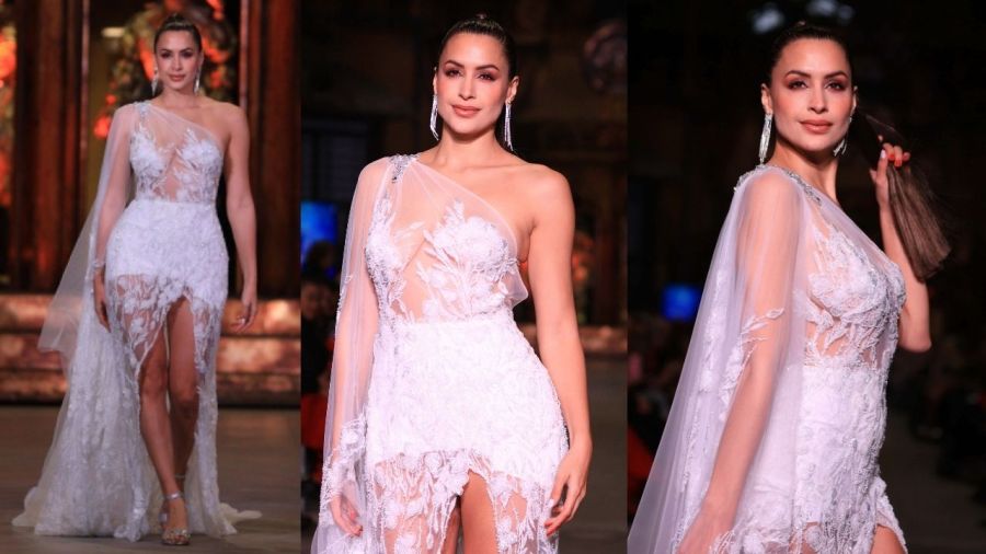 Radiante y de blanco, Milett Figuero se probó un espectacular vestido de novia