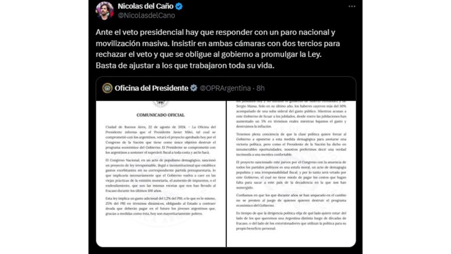 La reacción de la oposición tras el anuncio del veto presidencial 20240823