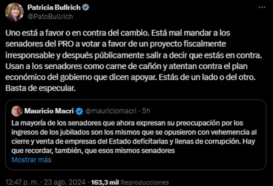 Mensaje de Patricia Bullrich contra Macri 20240823