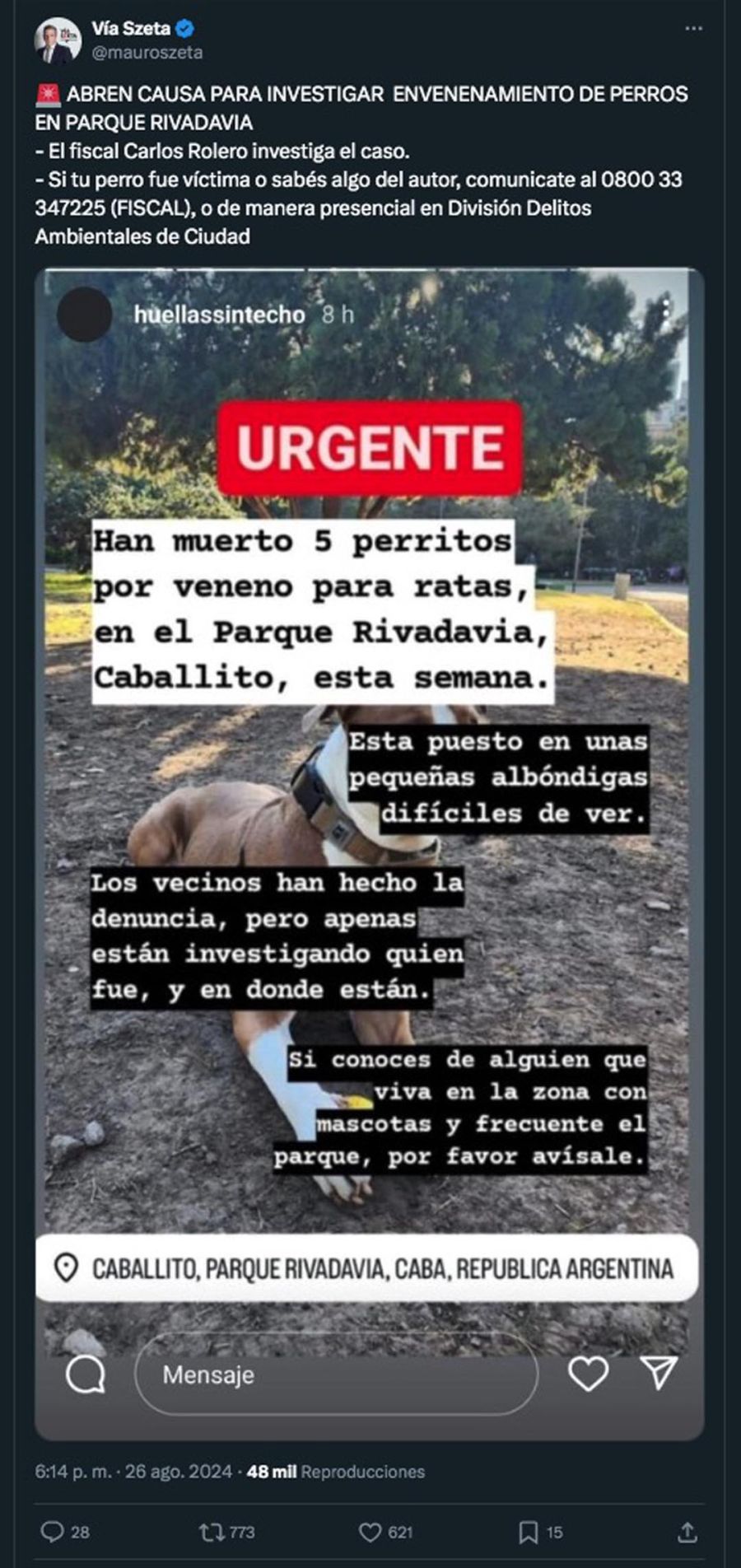 ENVENENAMIENTO DE PERROS EN PARQUE RIVADAVIA