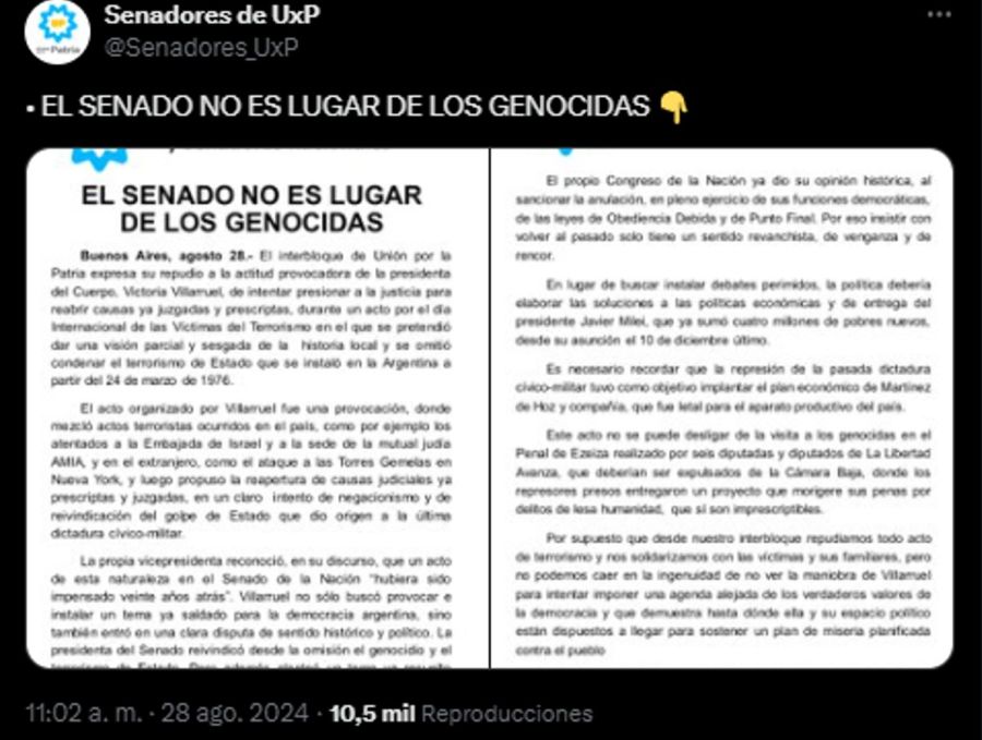 El comunicado de Unión por la Patria contra Villarruel 20240828