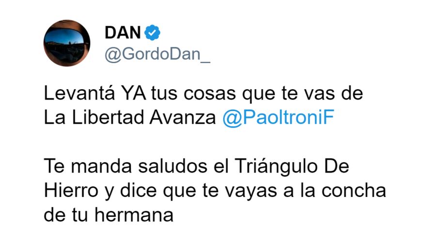 20240828 El tuit de Gordo Dan antes del pedido de expulsión del senador Francisco Paoltroni