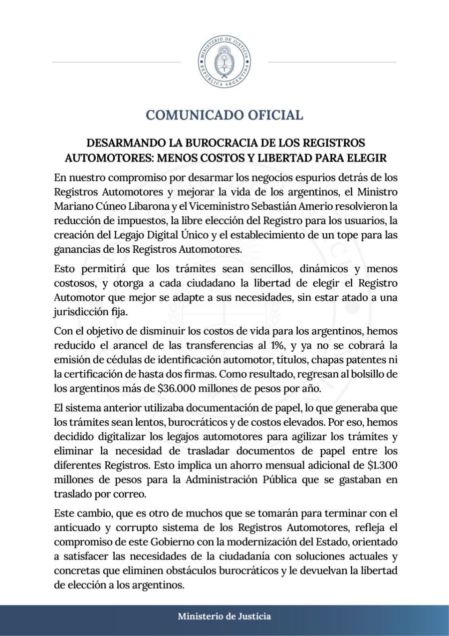 Comunicado del Ministerio de Justicia sobre automotores 20240830