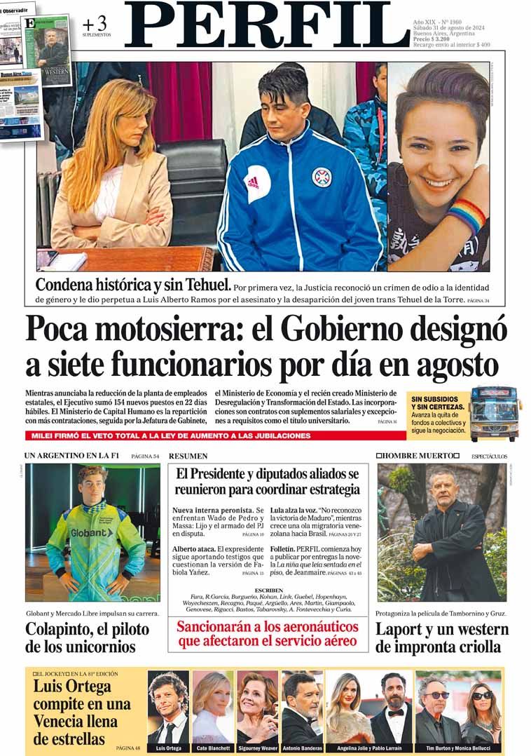 La tapa del Diario PERFIL del sábado 31 de agosto de 2024