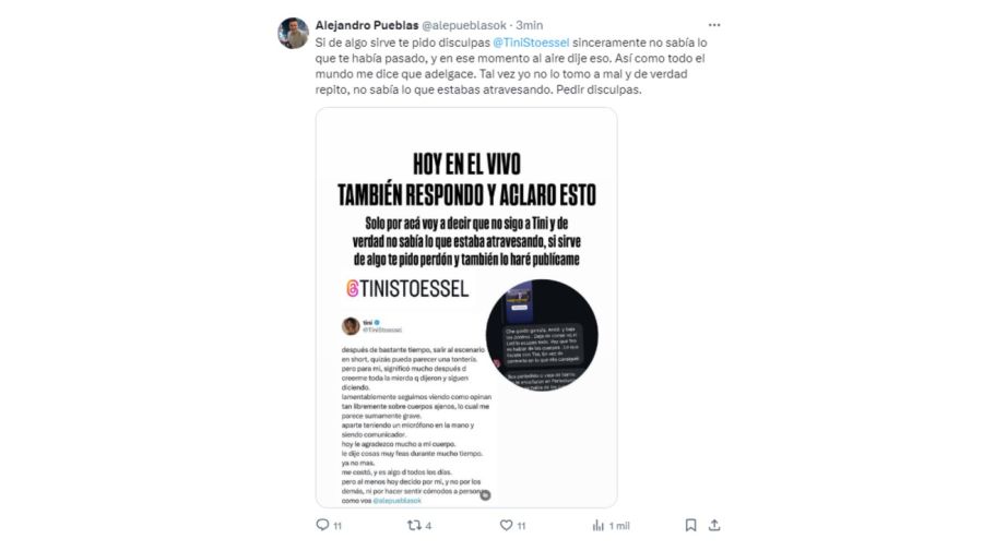 Alejandro Pueblas habló tras sus repudiables comentarios sobre Tini Stoessel