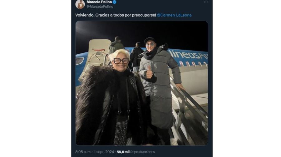 Carmen Barbieri y Marcelo Polino tras aterrizar luego del tenso momento en un vuelo