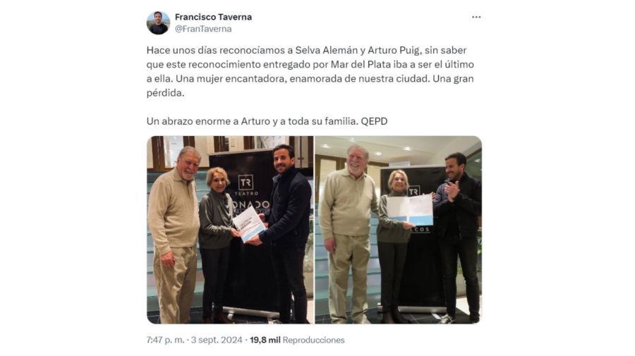 El reconocimiento que habían recibido Selva Alemán y Arturo Puig