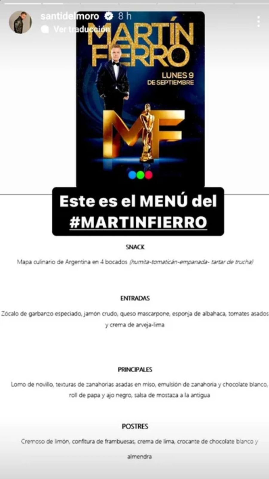  Cuál es el menú de los Premios Martín Fierro 2024