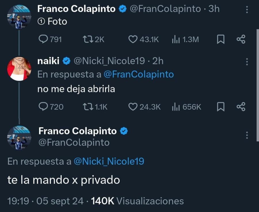 El curioso ida y vuelta que Franco Colapinto y Nicki Nicole mantuvieron por redes sociales