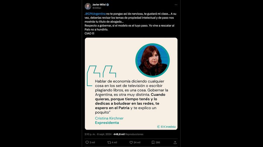 Mensajes de Javier Milei y Cristina Kirchner por X