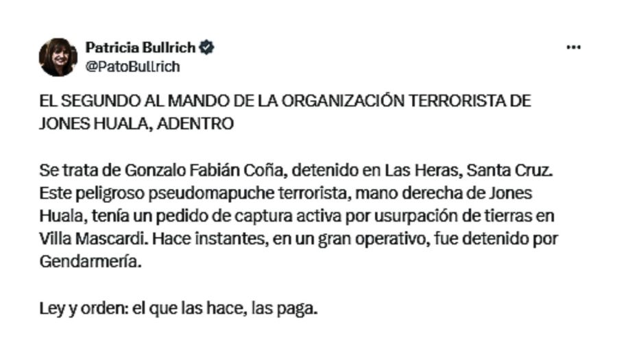 Patricia Bullrich sobre la detención de Gonzalo Fabián Coña 20240906