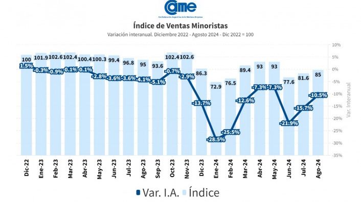 Las ventas minoristas Pyme cayeron 10,5 interanual en agosto 2024.