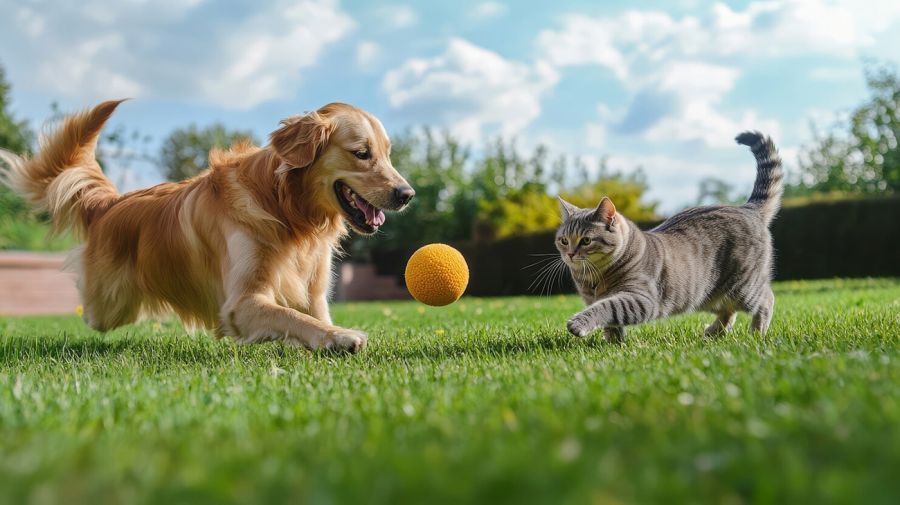 Perros y gatos jugando