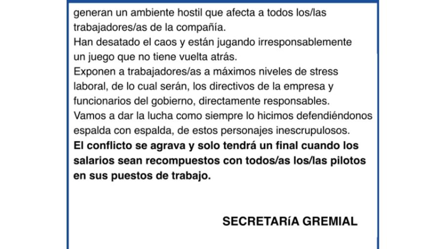 Comunicado de APLA por el despido de pilotos 20240913