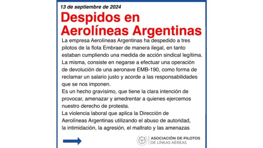 Comunicado de APLA por el despido de pilotos 20240913