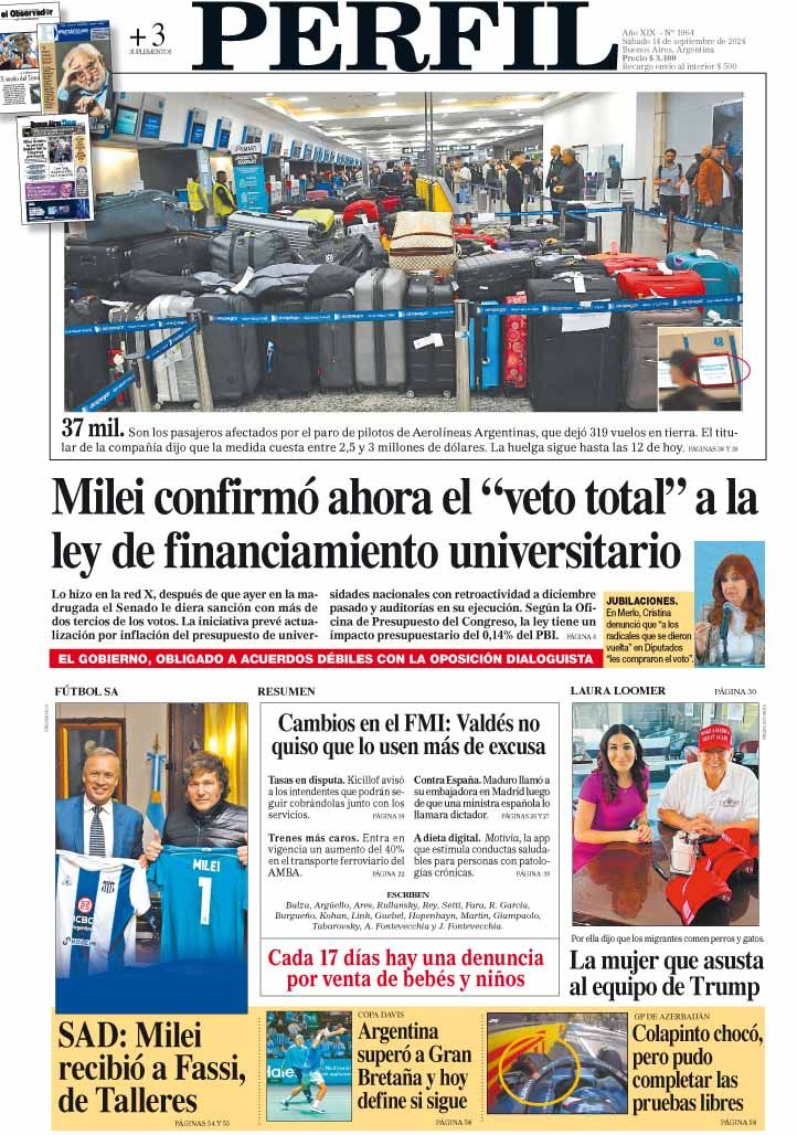 La tapa del Diario PERFIL del sábado 14 de septiembre de 2024