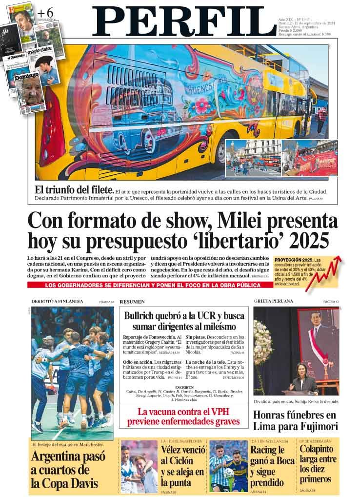 La tapa del Diario PERFIL del domingo 15 de septiembre de 2024