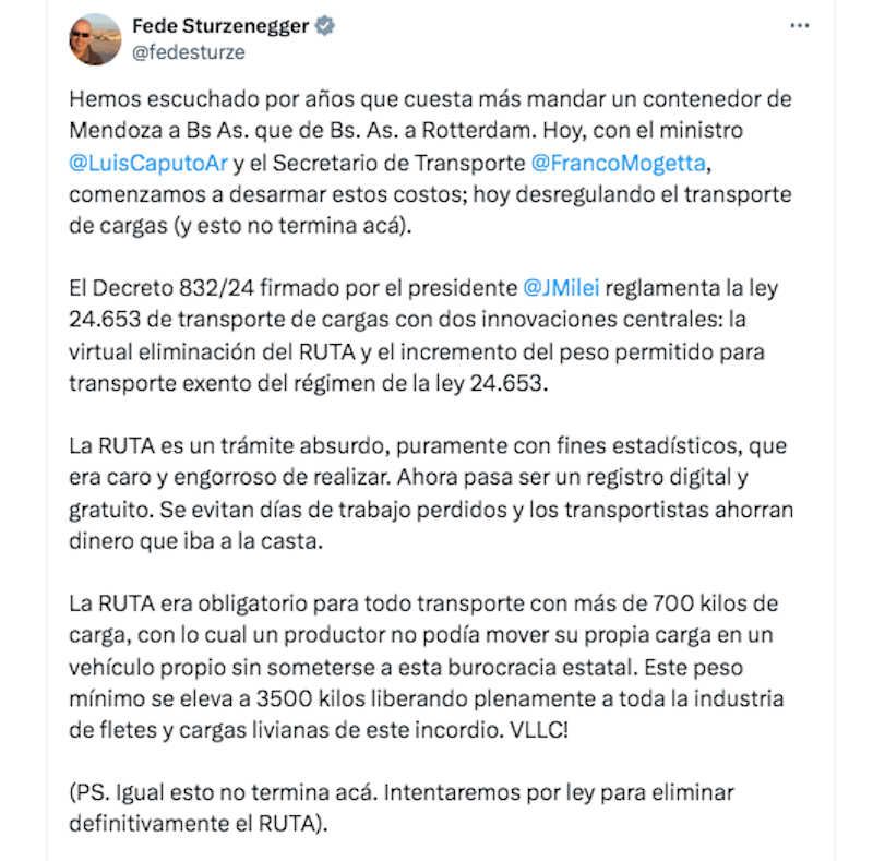 El gobierno desreguló el transporte de cargas: qué implica la medida que celebró Federico Sturzenegger