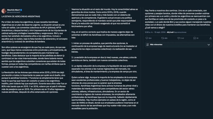 Mensaje de Mauricio Macri sobre Aerolíneas Argentinas