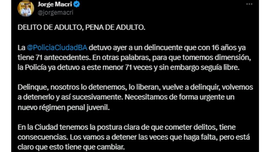 Tuit de Jorge Macri por la detención de un menor 20240919