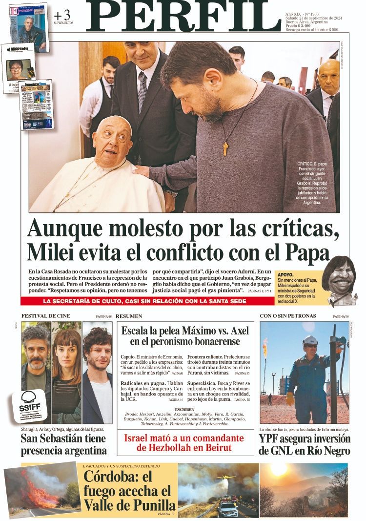 La tapa del Diario PERFIL del sábado 21 de septiembre de 2024