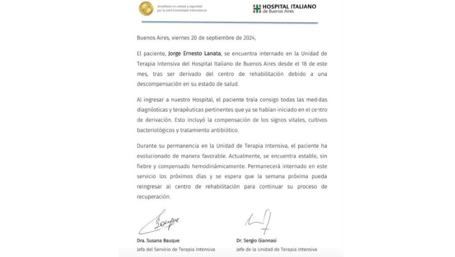 Parte médico de Jorge Lanata del 20 de septiembre