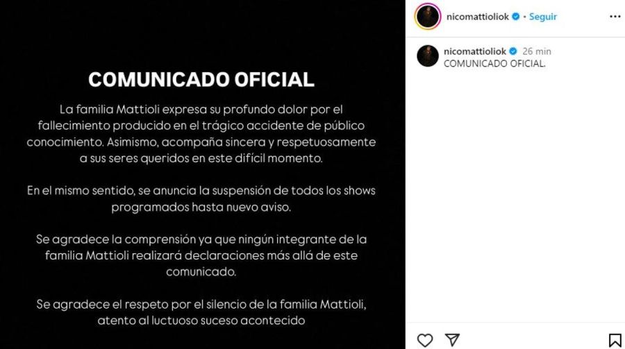 Comunicado de Nico Mattioli tras el accidente donde murió una mujer