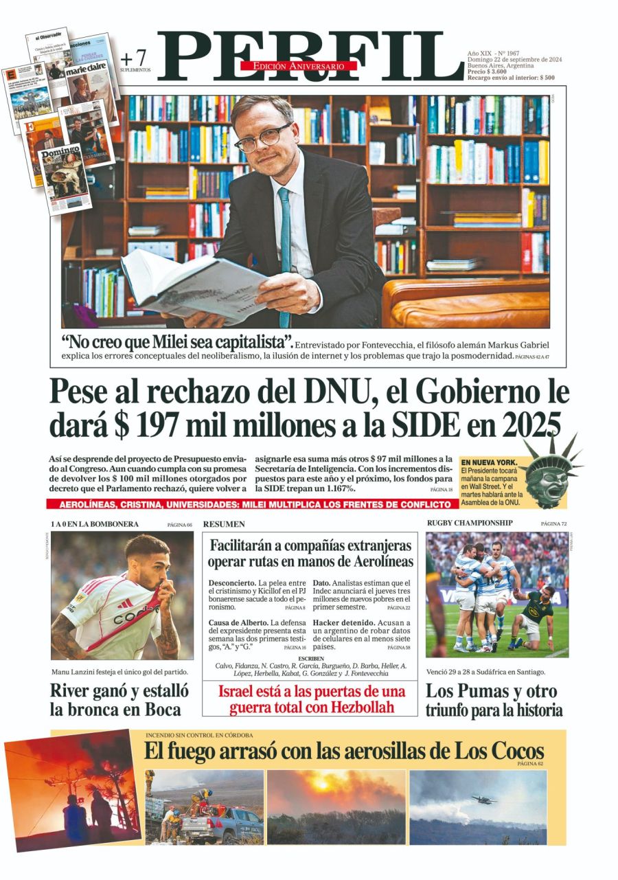 La tapa del Diario PERFIL del domingo 22 de septiembre de 2024