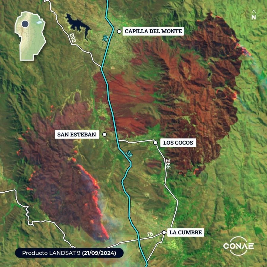 Imagen satelital de los incendios en Capilla del Monte