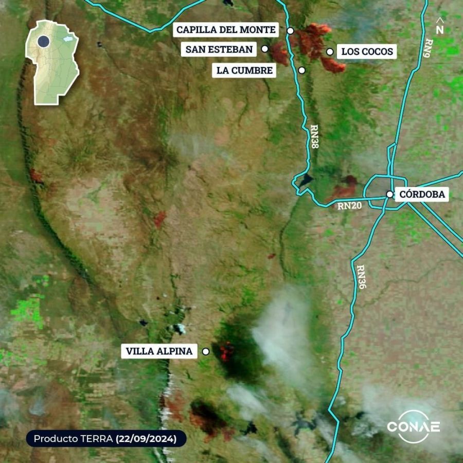 Imagen satelital de los incendios en la provincia de Córdoba