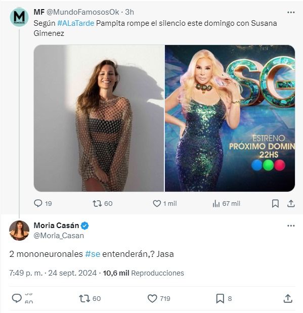 El picante comentario de Moria Casán tras confirmarse que Pampita va a estar con Susana Giménez