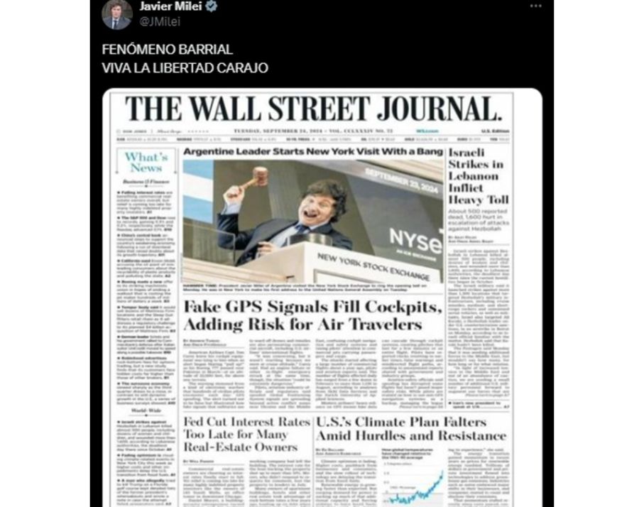 El tuit de Javier Milei por la tapa de The Wall Street Journal 20240924