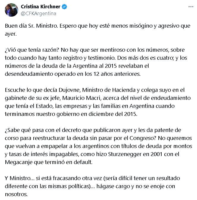 Respuesta de Cristina Kirchner a Luis Caputo