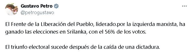 Twit Petro sobre el triunfo de Anura Kumara Dissanayake en Sri Lanka