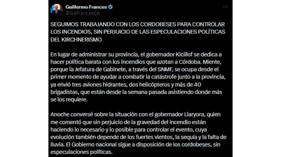 Guillermo Francos - incendios en Córdoba 20240924