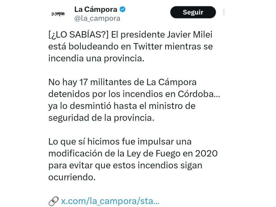 Javier Milei compartió una fake news sobre los incendios en Córdoba 20240926