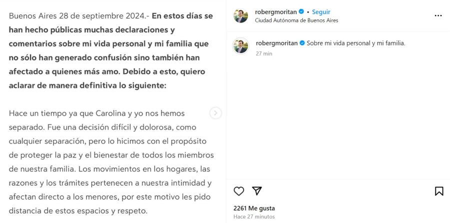 Roberto García Moritán confirmó su separación de Pampita